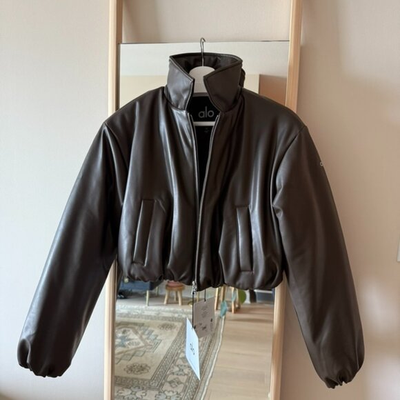 NWT Alo Faux Leather Cropped Premier Bomber in Espresso (Size S) - Picture 1 of 4